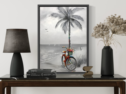 Een schilderij met een fiets en een palmboom