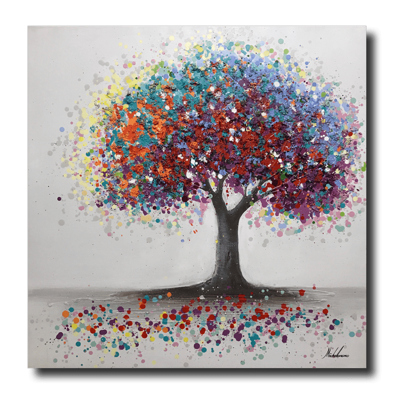 Een schilderij met een kleurrijke boom