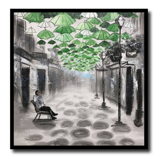 Een schilderij met paraplu's