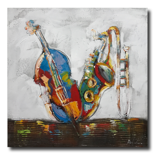 Een schilderij met cello en saxofoon