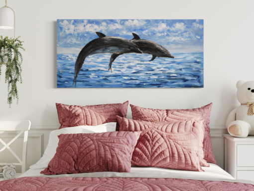een schilderij met dolfijnen