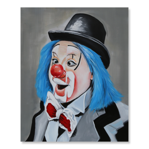 Een schilderij met een clown