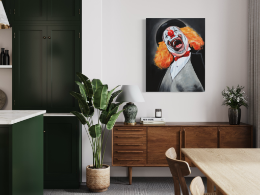 Een schilderij met een clown