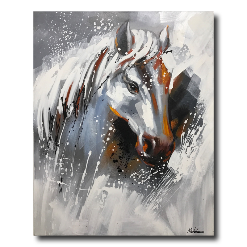 Een schilderij met een paard