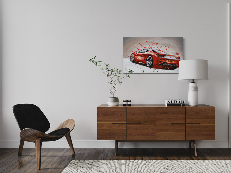 Een schilderij met een Ferrari