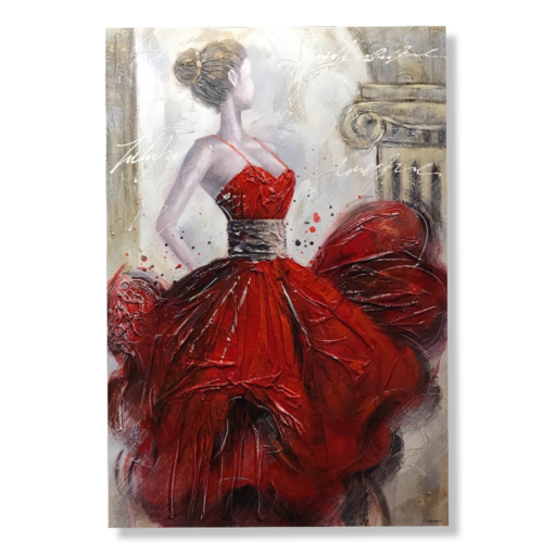 Een schilderij van een vrouw in een rode jurk