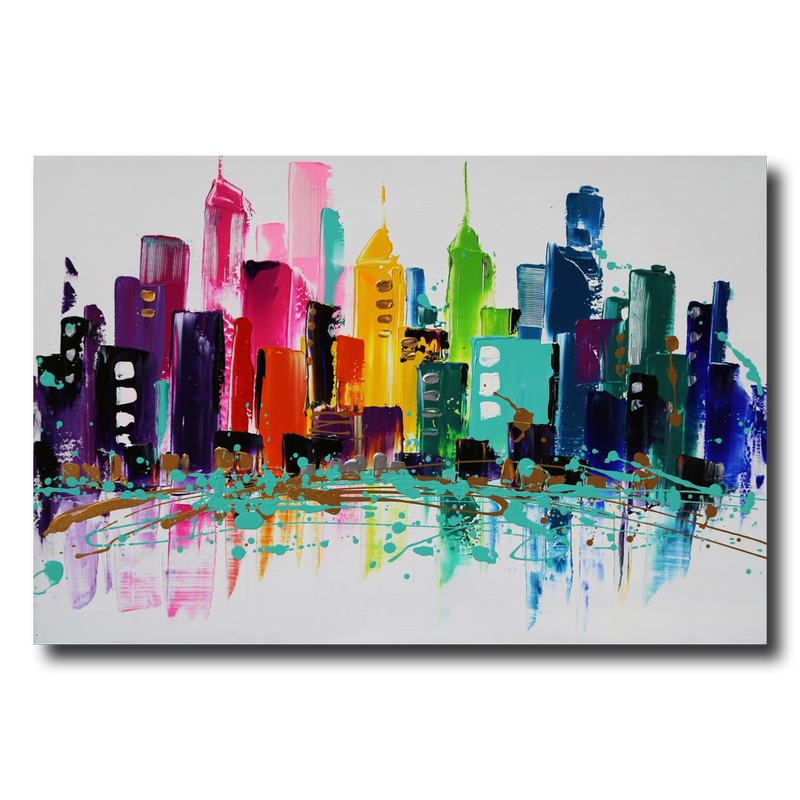 Een kleurrijk schilderij met een skyline