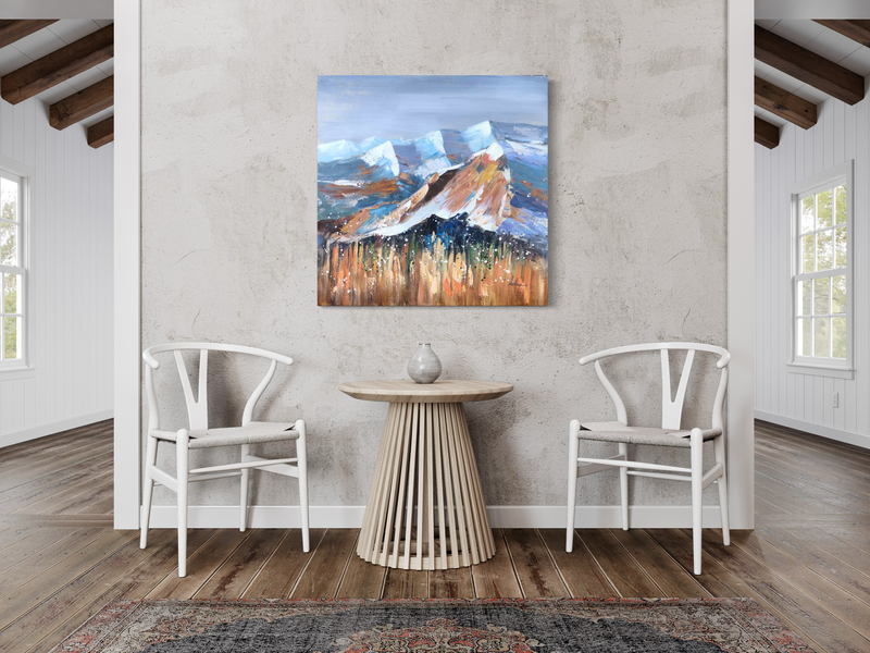 Een schilderij met bergen
