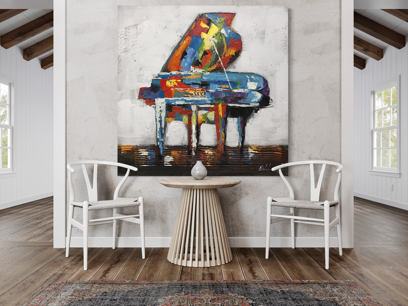 Een schilderij met een piano