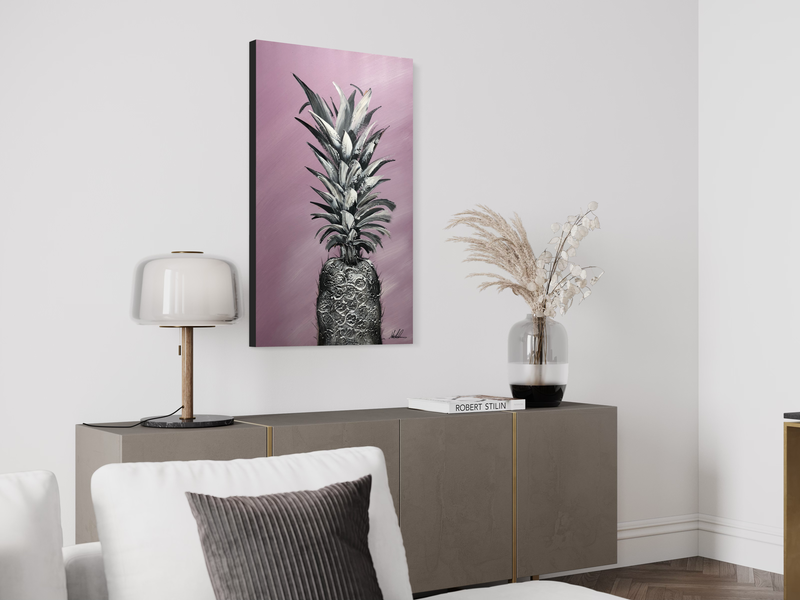 Een schilderij met een ananas