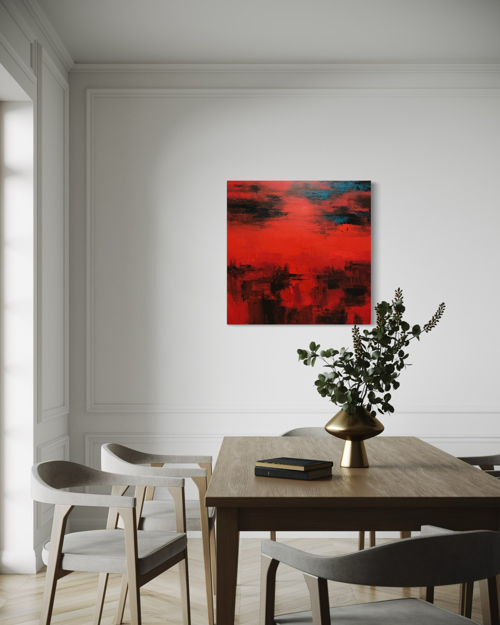 Een abstract schilderij in rood