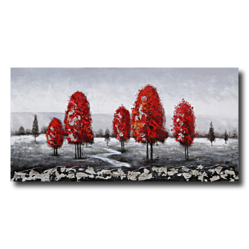 Een schilderij met rode bomen