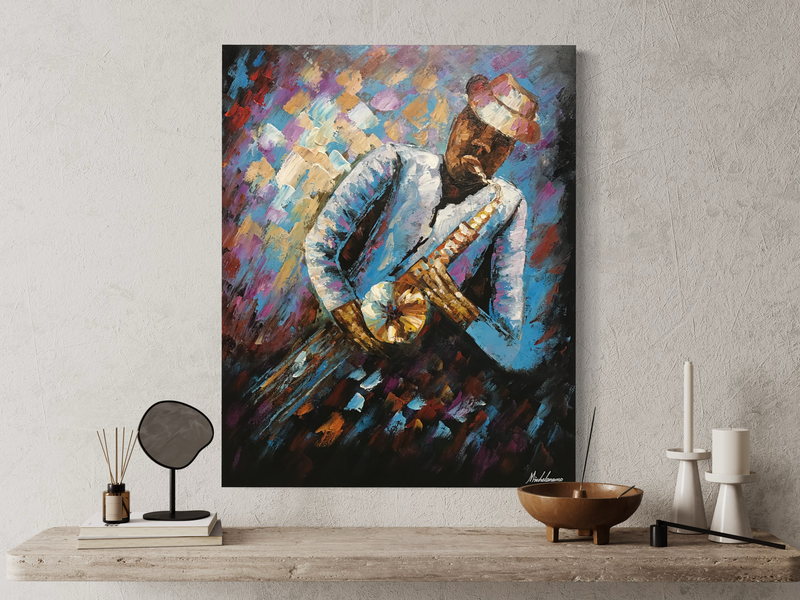 Een schilderij van een man met een saxofoon