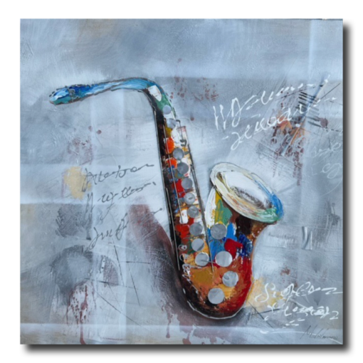 Een schilderij met een saxofoon