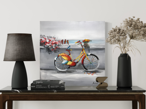 Een schilderij met een fiets