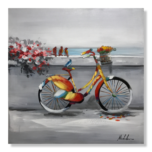 Een schilderij met een fiets