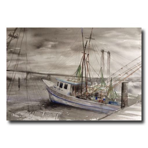 Een schilderij met een vissersboot