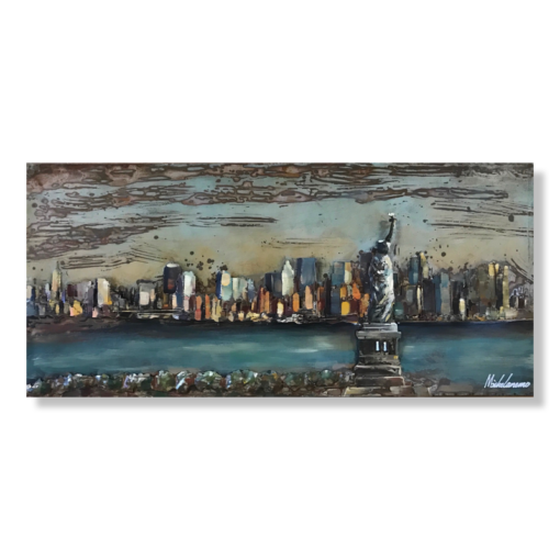 Een kunstwerk met het Vrijheidsbeeld en de skyline van New York.