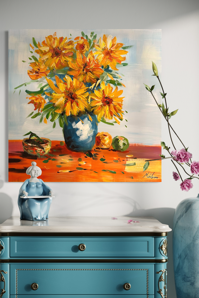 Een schilderij met zonnebloemen