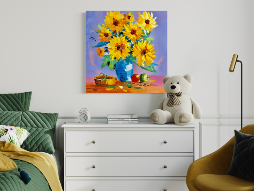 Een schilderij met zonnebloemen