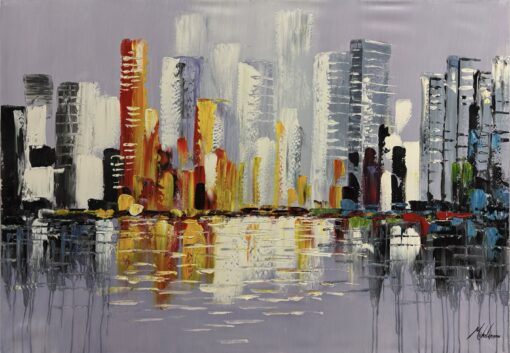 Een schilderij met een skyline