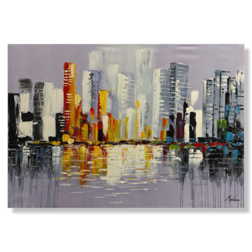 Een schilderij met een skyline