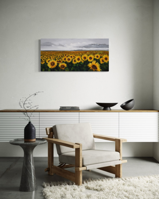 Een schilderij met zonnebloemen