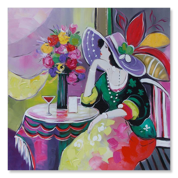 Een schilderij met een dame in een café