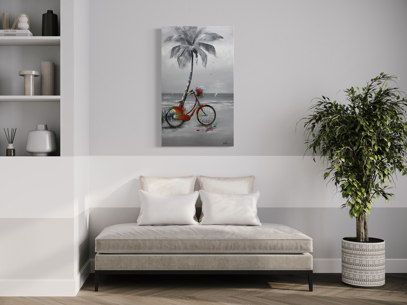 Een schilderij met een fiets en een palmboom