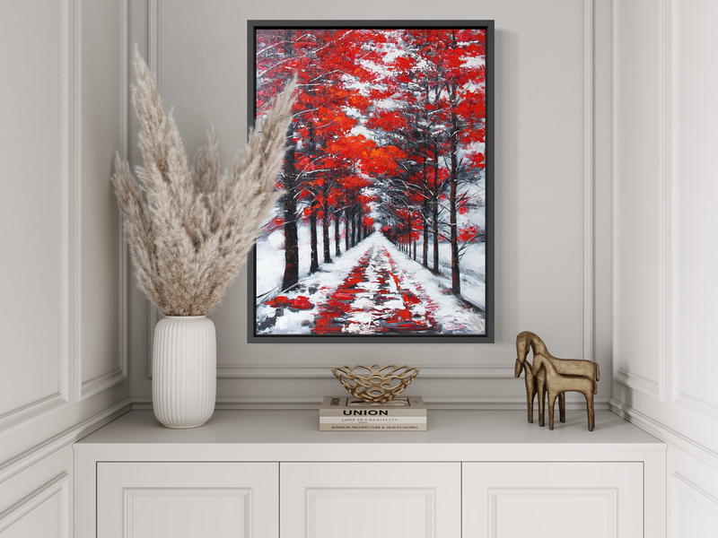 Een schilderij met rode bomen