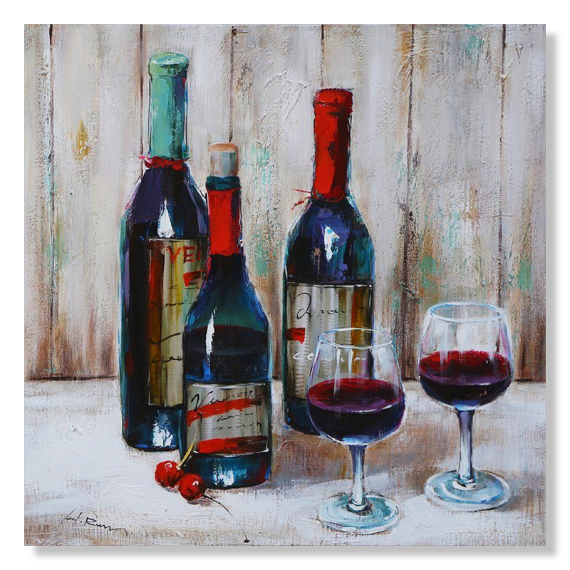 Een schilderij met wijnflessen