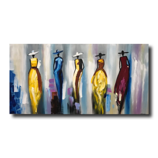 Een schilderij met vrouwen in kleurrijke jurken