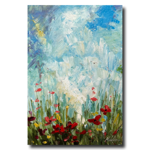 Een schilderij met een bloemenweide
