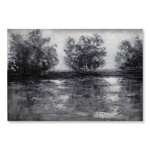 Een schilderij met bomen in grijstinten