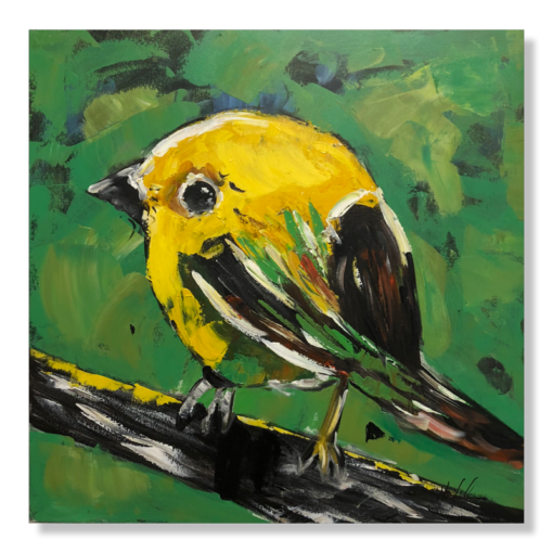 Een schilderij met een gele vogel