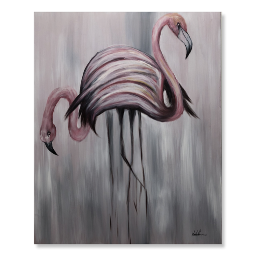 Een schilderij met flamingo's