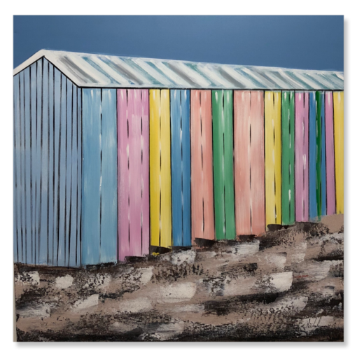 Een schilderij met een strandhuis