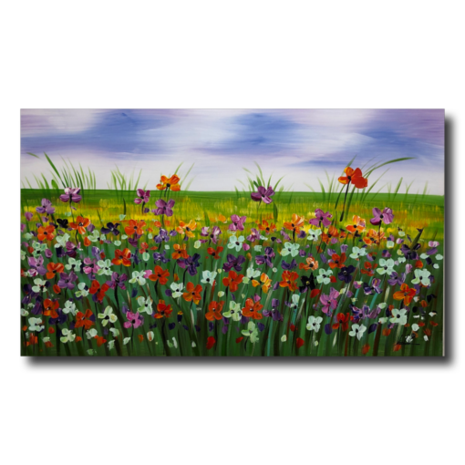Een schilderij met een bloemenweide