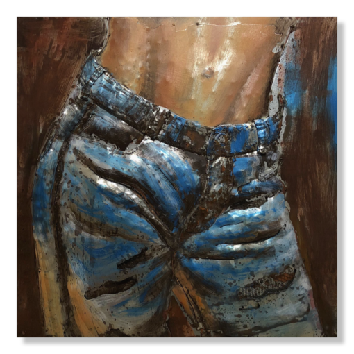 Een kunstwerk met een vrouw in spijkerbroek