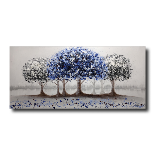 Een schilderij met een blauwe boom