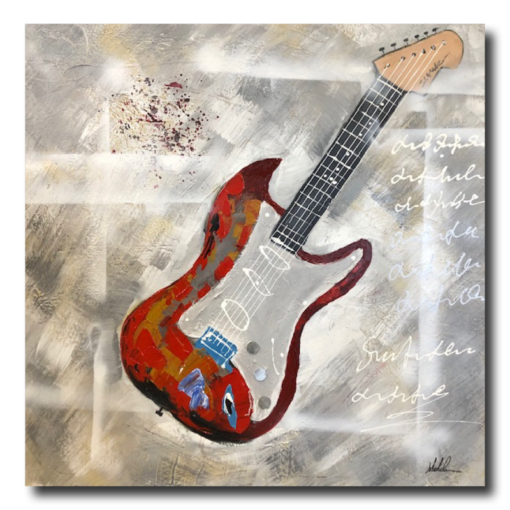 Een schilderij met een rode gitaar