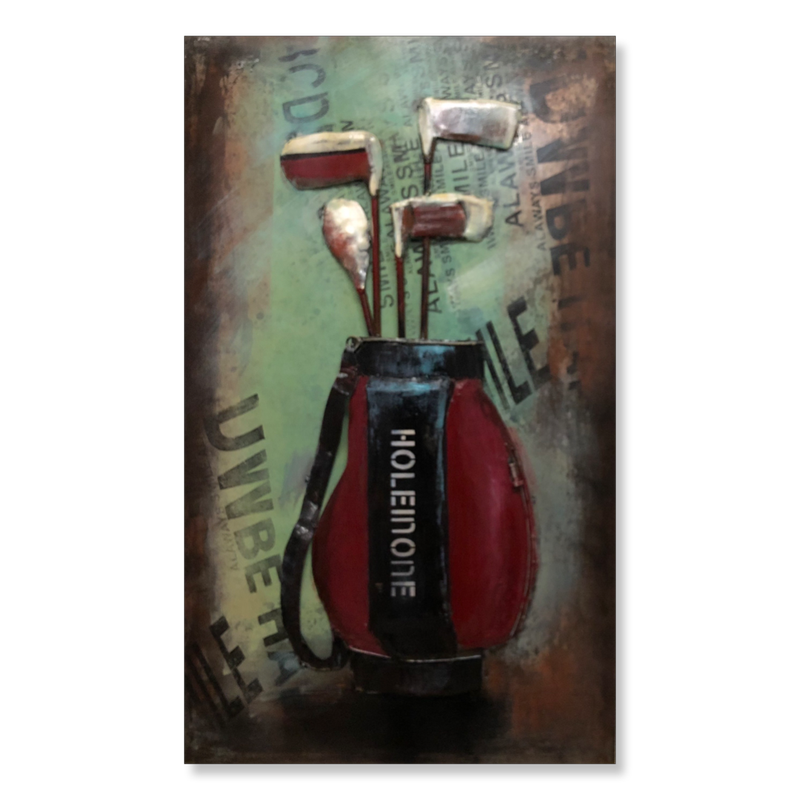 Een schilderij met een golftas