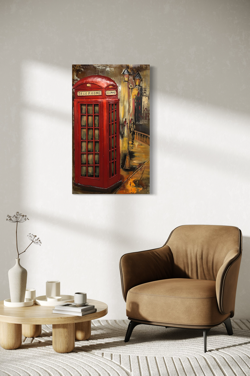 Een schilderij met een telefooncel