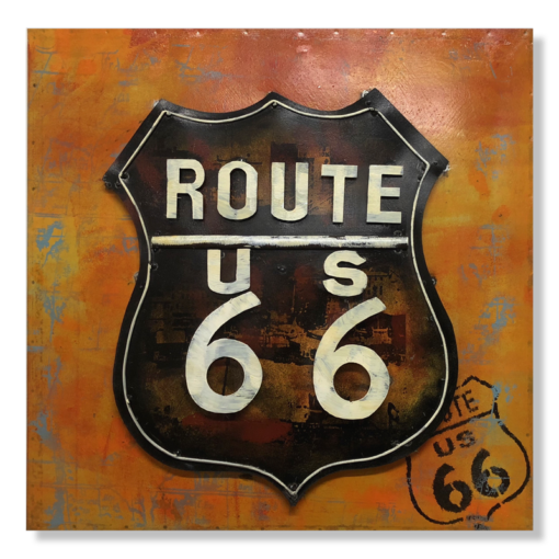 Een kunstwerk met het route 66 bord