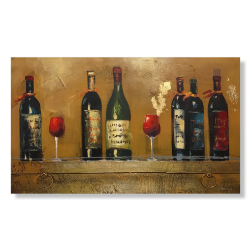 Een schilderij met wijnflessen