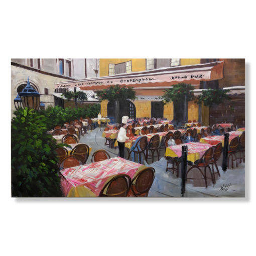 Een schilderij met een restaurant