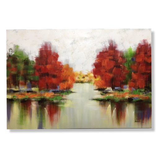 een schilderij met bomen in herfstkleuren