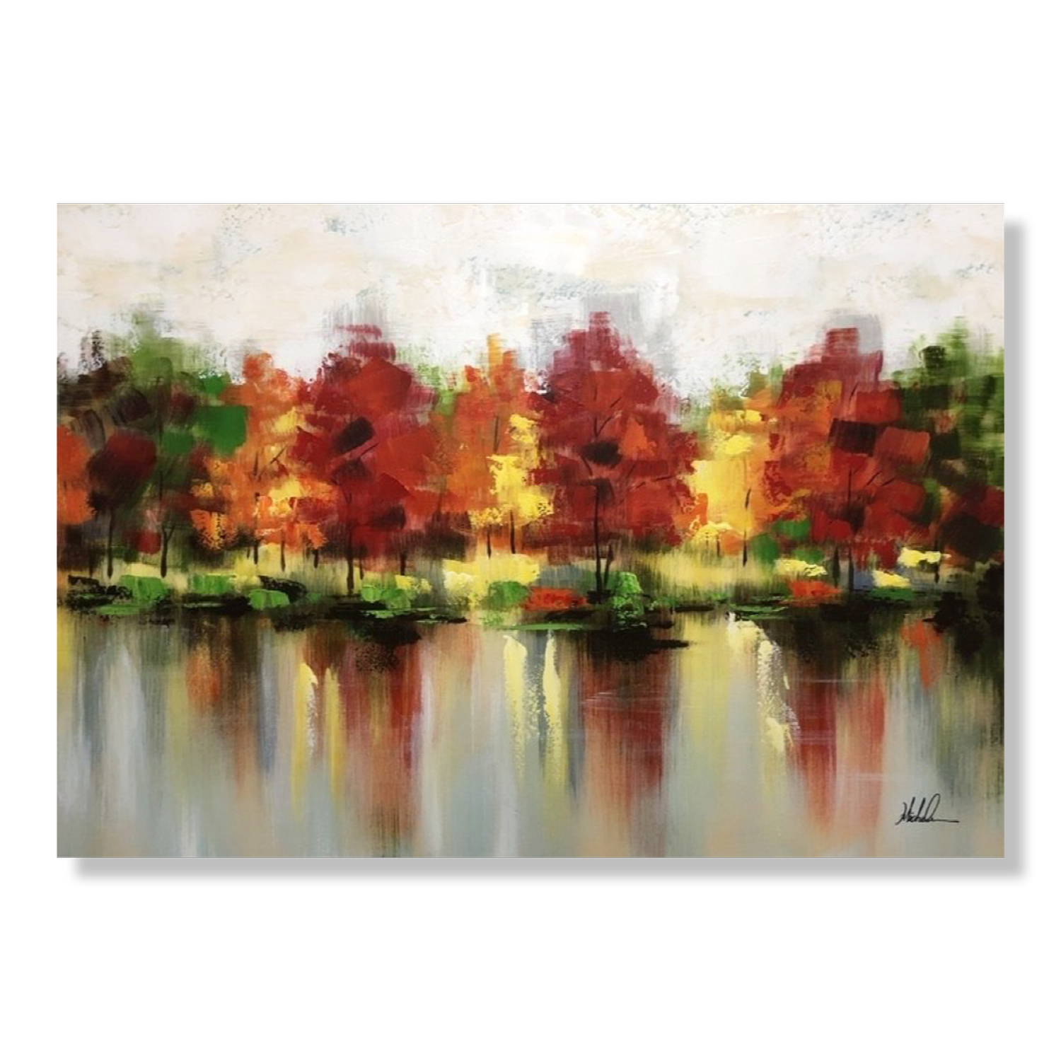 Een schilderij met bomen in herfstkleuren