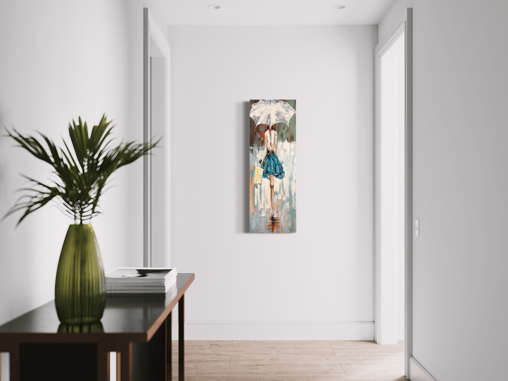 Een schilderij van een vrouw in een turquoise jurk
