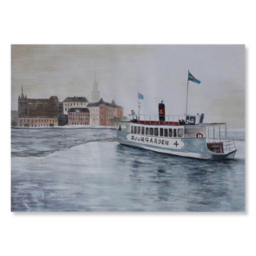 Een schilderij met een veerboot